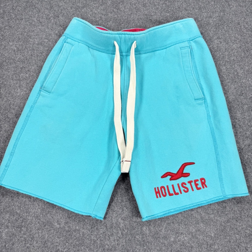 Hollister California Mens Turquoise Blue Fleece Sweat Shorts XS Red Logo Y2k